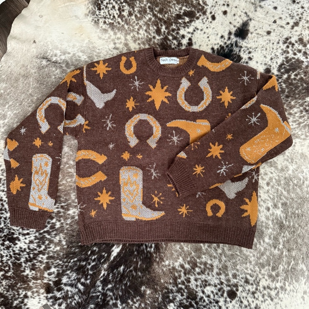 Sparkly Western Sweater with Boots and Horseshoes XL